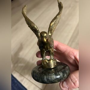 Heavy Brass Eagle w/ Open Wings on Round Marble Base - 5 1/2” Tall
